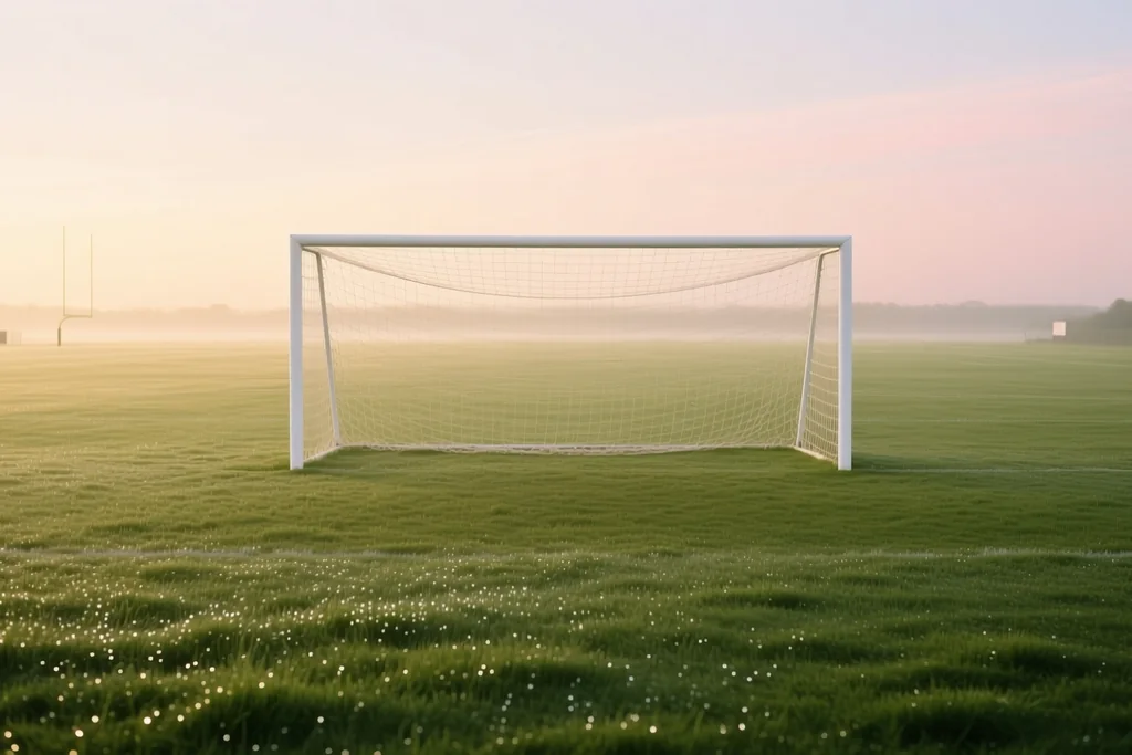 Campo de futebol ao amanhecer com gol de duas traves brancas e rede vazio