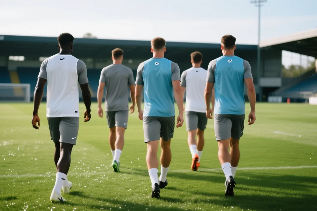Jogadores com coletes de treino lisos entrando em campo verde, vistos de costas