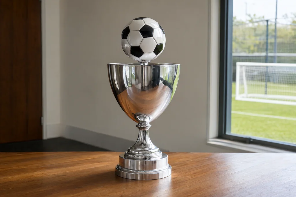Troféu de futebol de prata sem gravação sobre mesa de madeira em sala vazia