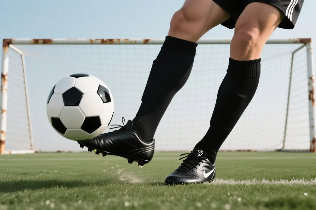 Duas bolas de futebol redondas com painéis pretos sobre mesa de madeira ao lado de cartões em branco