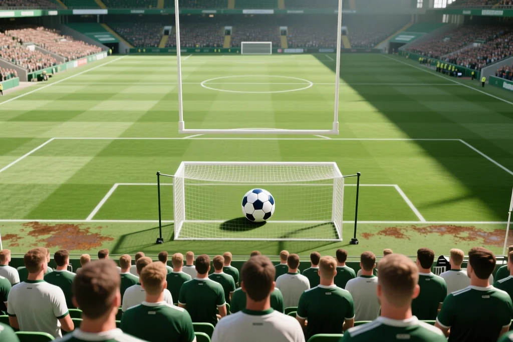 Três bolas de futebol redondas com painéis pretos enfileiradas sobre grama verde