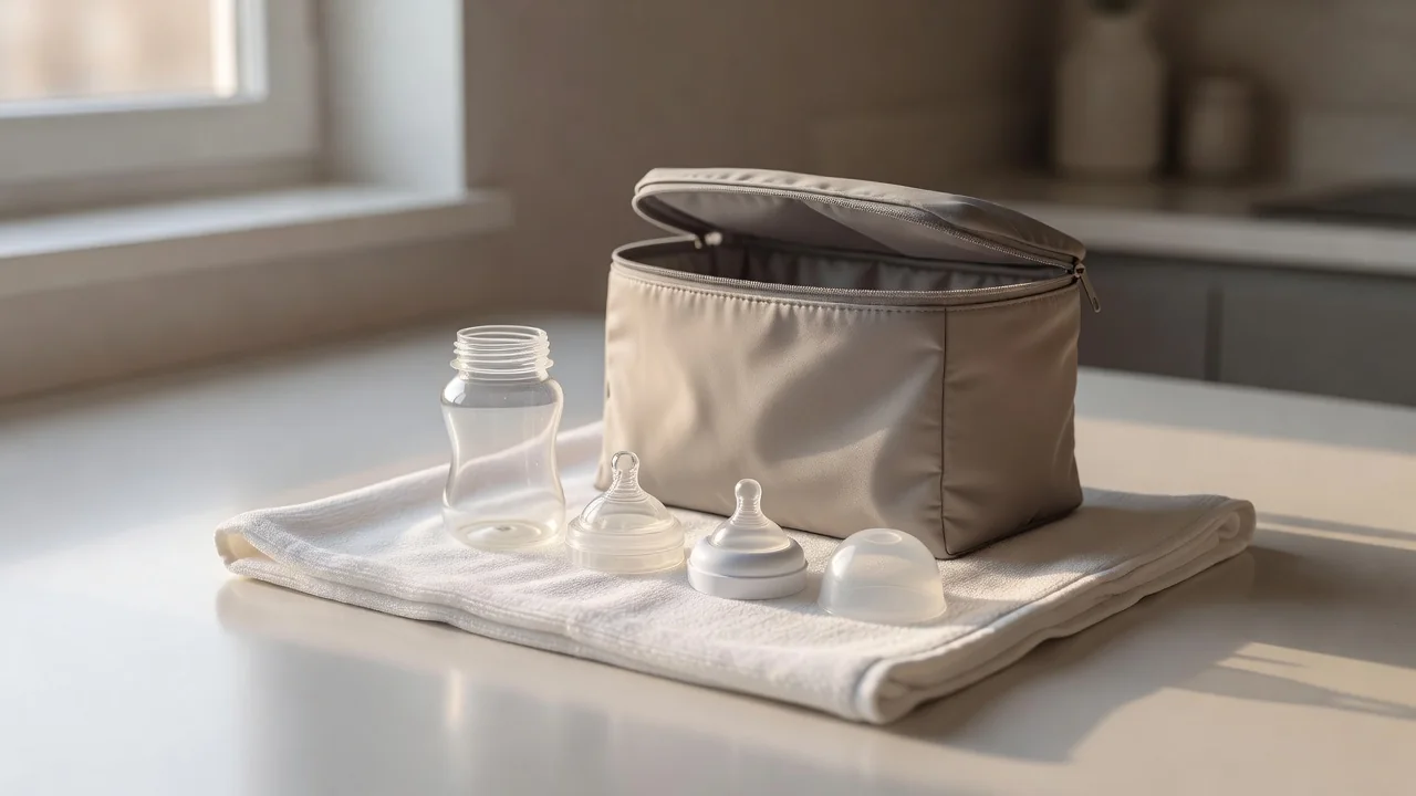 Bolsa térmica e itens de extração organizados sobre toalha limpa na cozinha