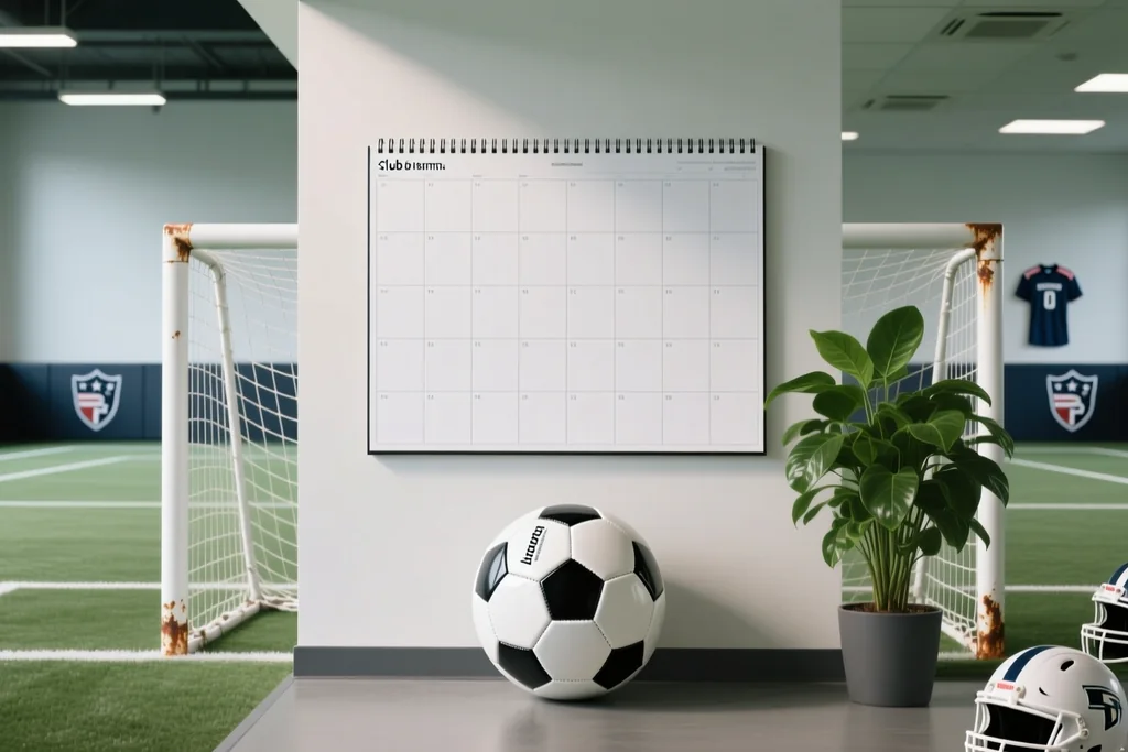Calendário de parede com quadros de datas em branco na parede de um escritório de clube