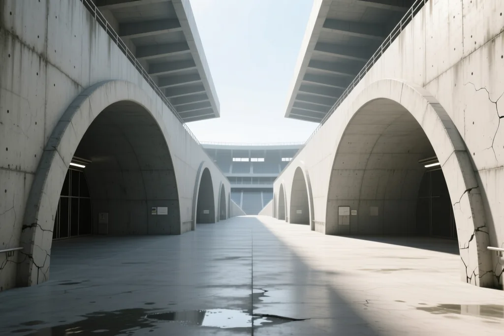 Dois túneis de estádio se encontrando num corredor de concreto à luz do dia