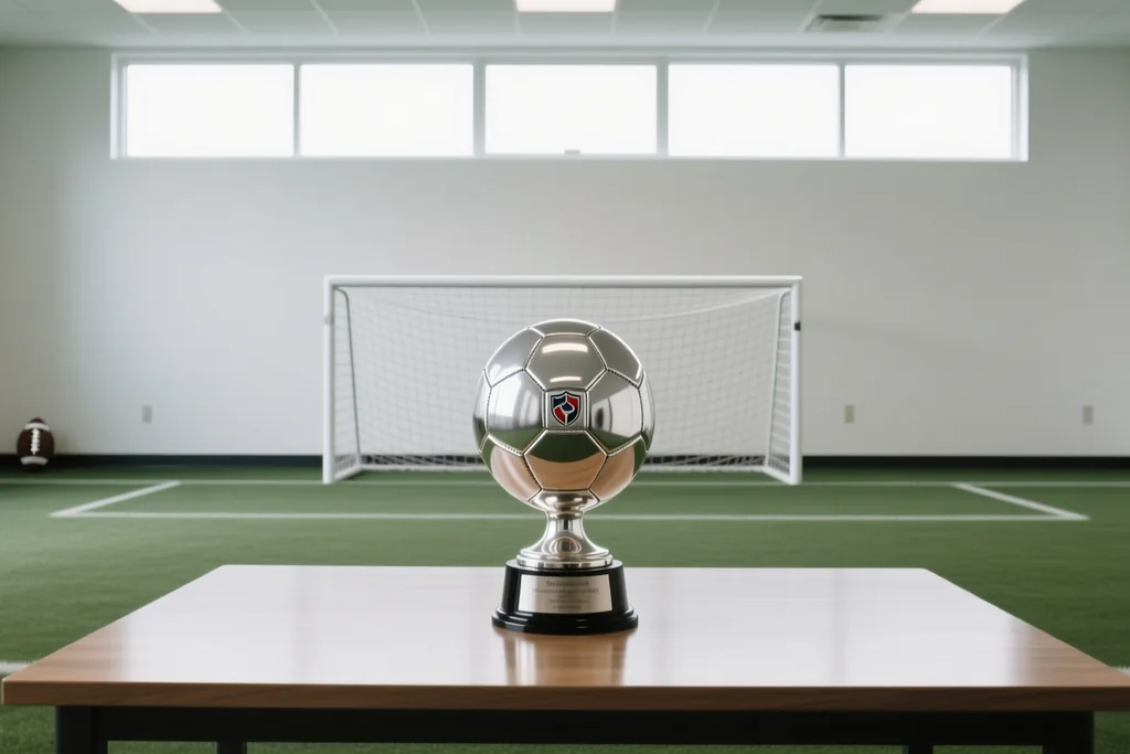 Troféu prateado sem gravação sobre mesa de madeira em sala vazia de clube