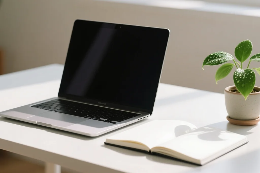 Mesa de trabalho iluminada com notebook de tela escura em branco, caderno liso e planta
