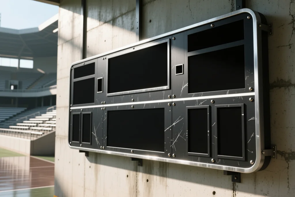Placar de metal com painéis escuros totalmente em branco em parede de estádio