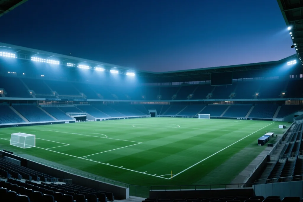 Estádio iluminado visto das arquibancadas vazias à noite, gramado verde sem pessoas