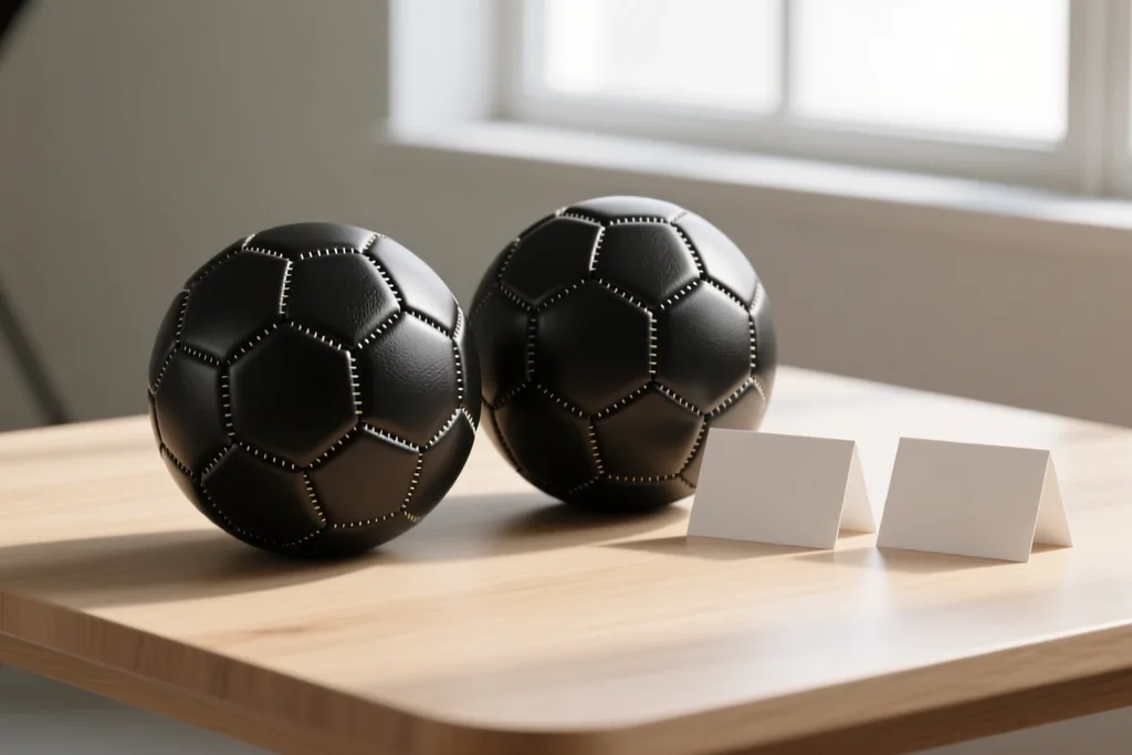 Duas bolas de futebol lisas sobre mesa de madeira ao lado de cartões em branco dobrados