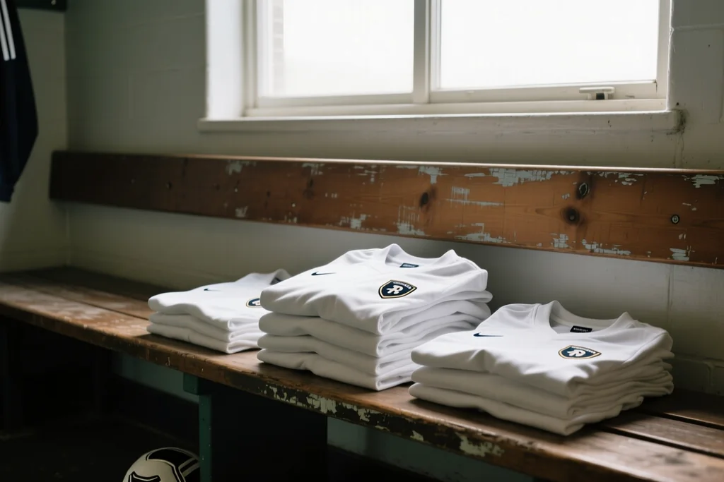 Camisas de futebol lisas dobradas sobre banco de madeira em vestiário de clube