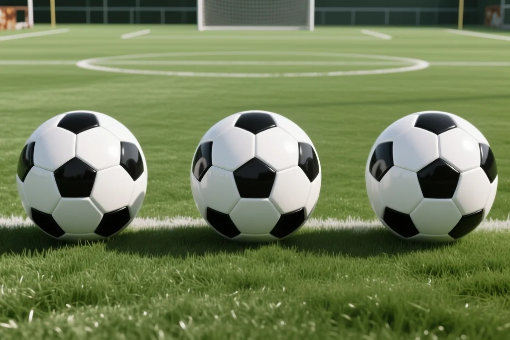 Três bolas de futebol redondas com painéis pretos enfileiradas sobre grama verde