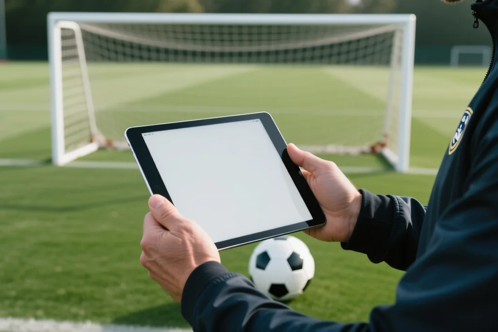 Treinador de costas com tablet de tela totalmente em branco à beira de campo de treino