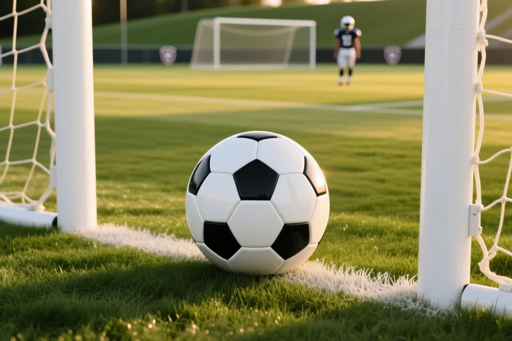 Gol com duas traves brancas e rede em campo verde no fim da tarde, bola na linha